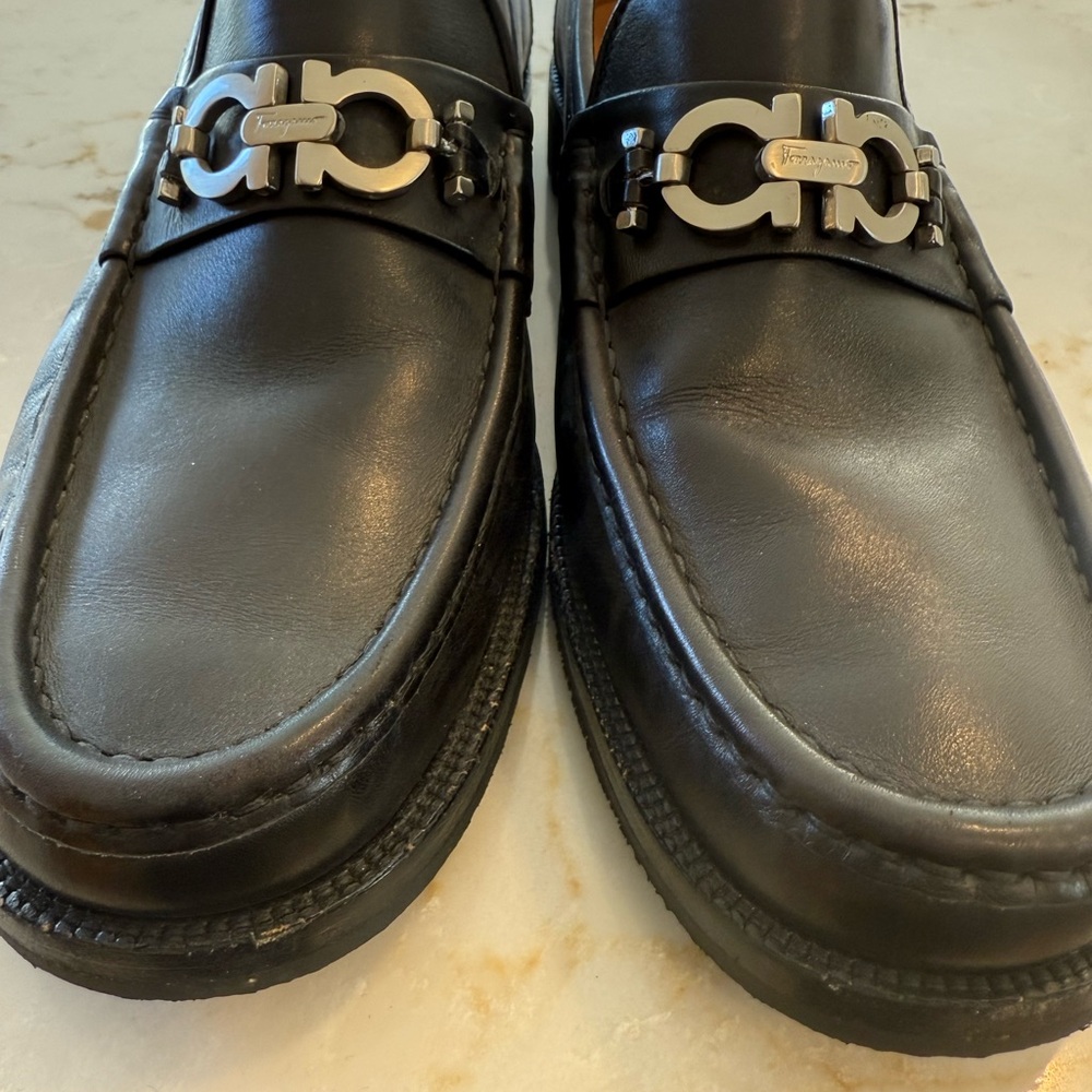 Salvatore Ferragamo Black Leather Slip-On Loafers